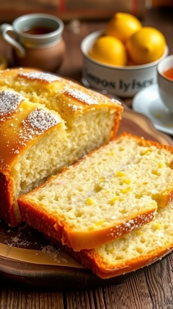 A sliced lemon yogurt loaf dusted with powdered sugar, showcasing its moist texture, with fresh lemons and tea in the background.